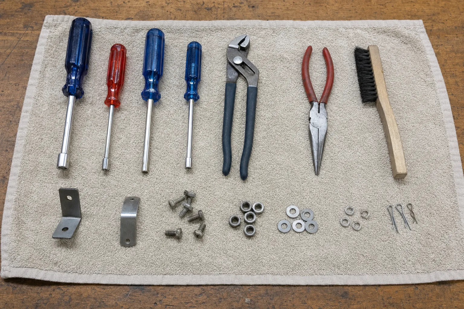 Screwdrivers, water-pump pliers, long-nose pliers and burner fixings set out on a cloth before a range repair