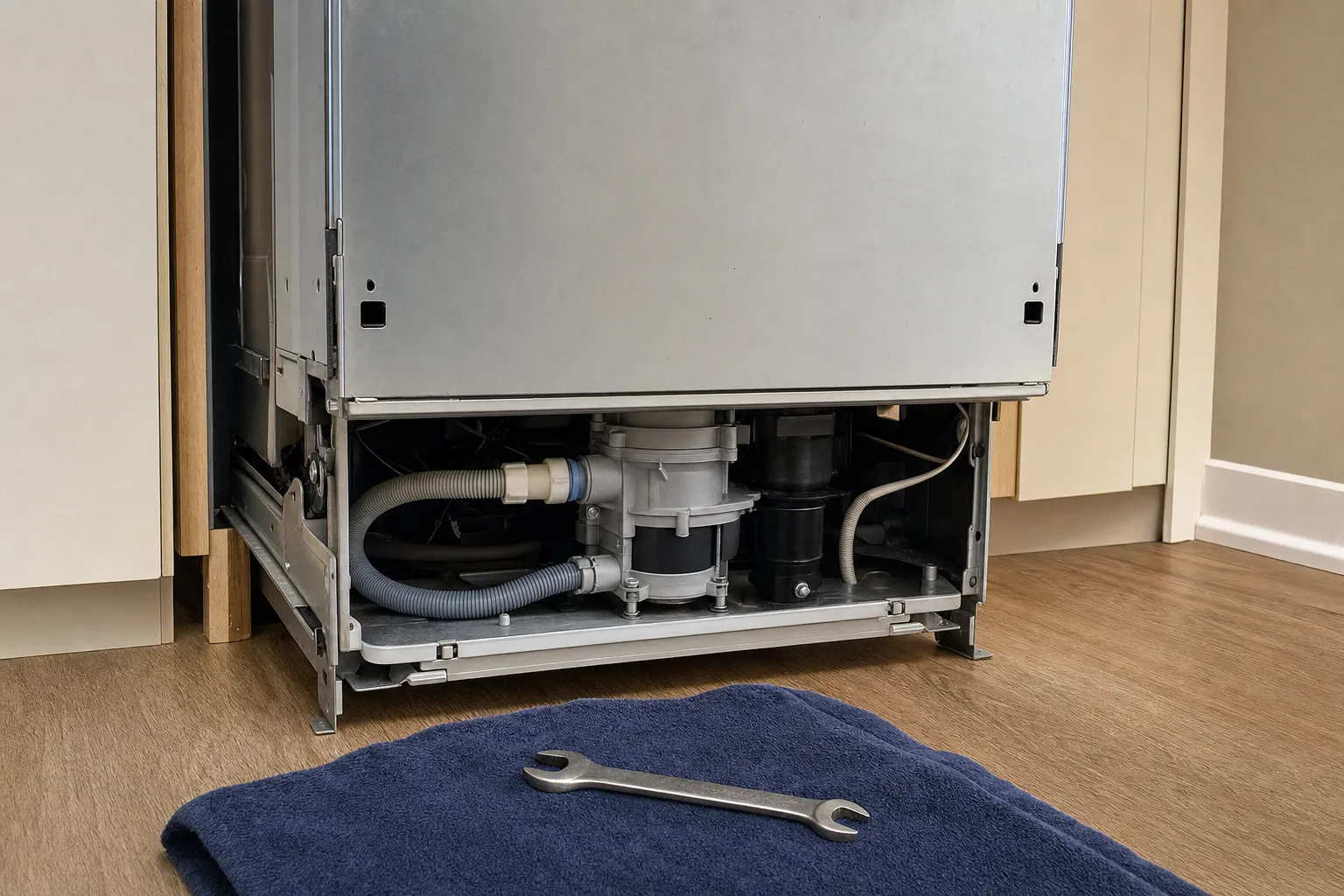A dishwasher pulled forward with its kick panel removed, exposing the drain hose and pump