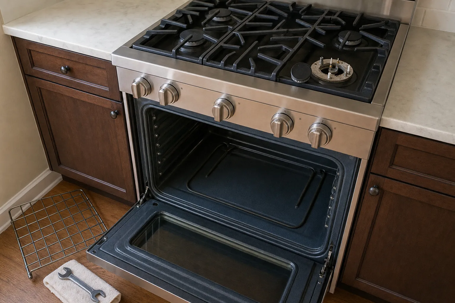 A gas range with its oven door open and the racks removed, in a kitchen with dark wood cabinets