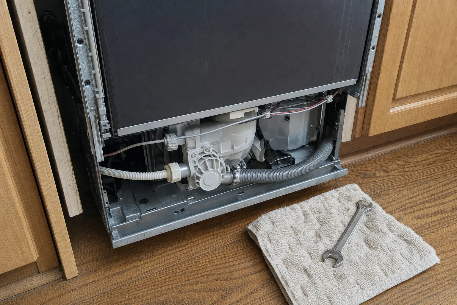 Dishwasher between oak cabinets with its toe panel taken off, showing the pump housing, a ribbed drain hose and wiring, with a wrench laid on a towel in front