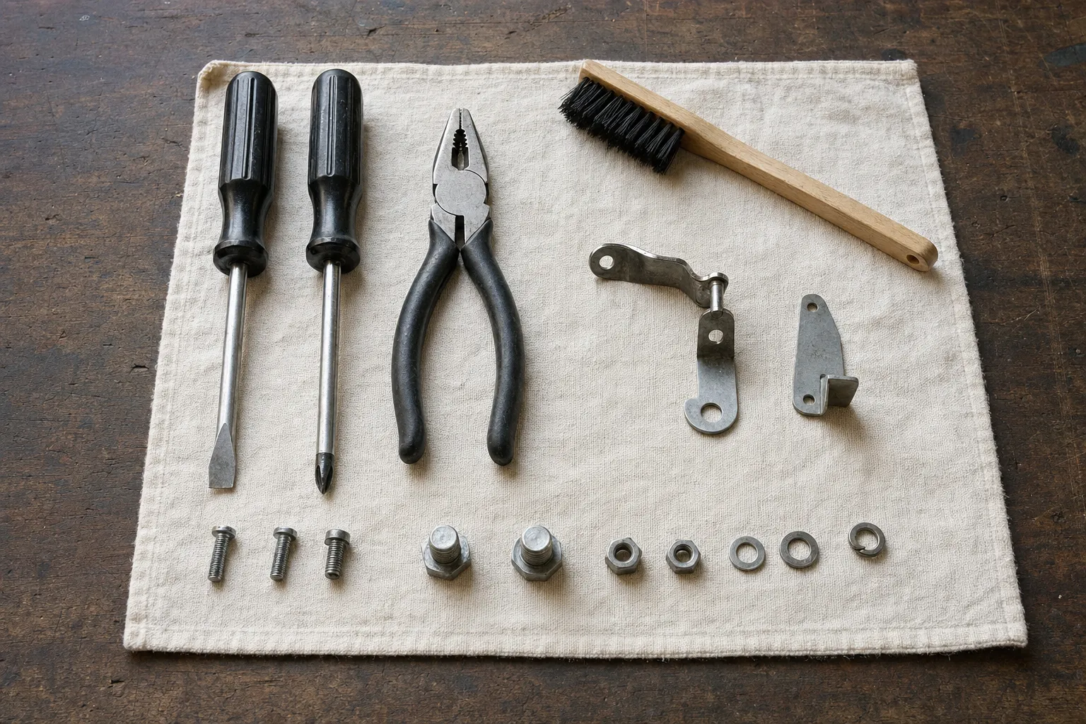 Flat and cross-head screwdrivers, lineman pliers and a wooden brush on a linen cloth with two bent brackets and a row of bolts, nuts and washers