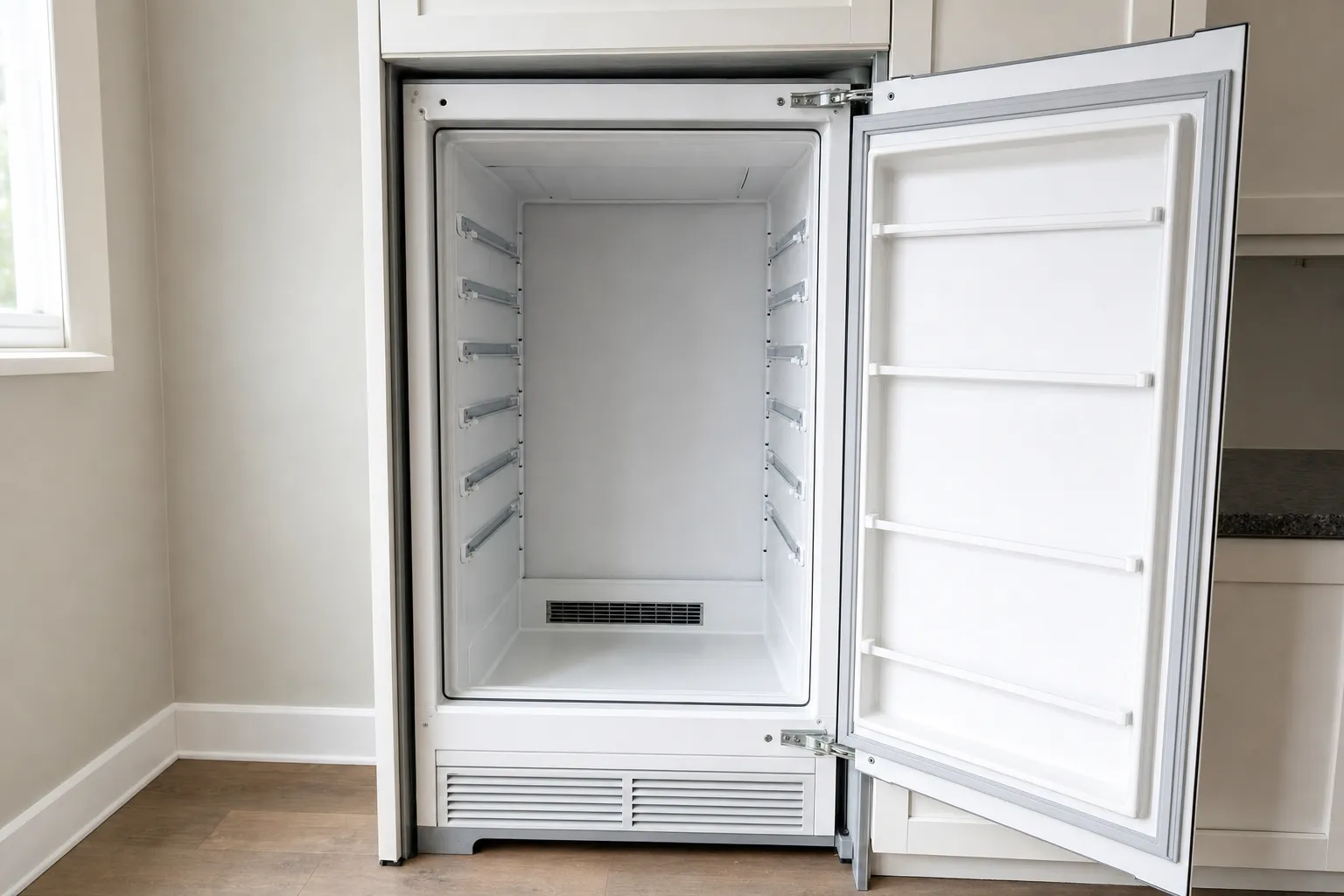 Single-door refrigerator set into white cabinetry, door open on an empty white interior with rows of shelf supports on both walls, a vent low on the back wall and a slotted grille across the base