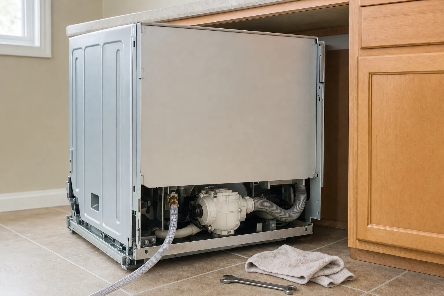 Dishwasher slid out of its cabinet opening onto a tiled floor, the pump, hoses and braided supply line visible along the base, with a towel and wrench beside it