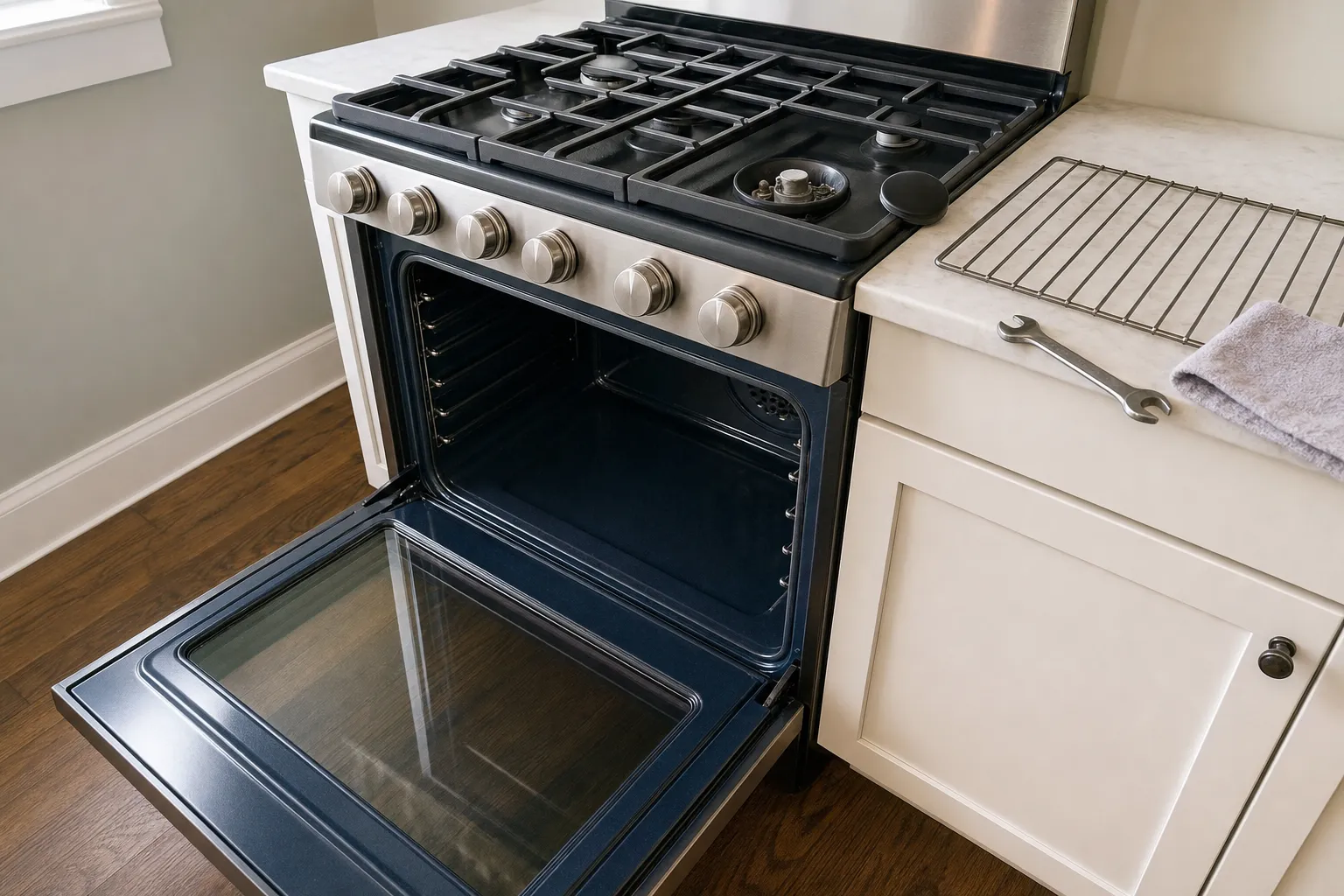 Gas range with its oven door open on an empty cavity, one burner cap lifted off to show the burner base, and a wire rack, wrench and grey towel on the counter beside it